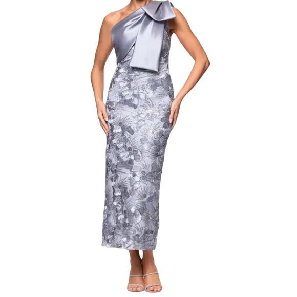 Betsy & Adam Dresses & Skirts - Betsy & Adam bow trim soutache one shoulder dress silver size 8 DEFECT